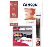 Kit Bloc Canson Figueras Entelado con 10 Hojas de 290g, Set Óleo Starter Georgian con 6 Tubos de Pintura de 22ml y Set de 3 Pinceles Georgian de Mango Largo Ideales para Óleo - Ofituria