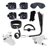 Kit Bondage BDSM 7 Piezas en Cuero para Principiantes con Manos, Pies, Pinzas, Mordaza, Tapa Ojos y Cuerda Negro