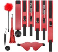 Kit Bondage BDSM de 7 Piezas para Parejas - Set de Restricciones de PU con Antifaz, Mordaza de Bola, Flogger, Collar con Correa, Esposas, Tobilleras y Pluma Sensual