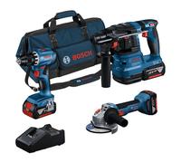 Kit bosch professional 18v - taladro gsr 18v-45 + amoladora gws 18v-8 + martillo gbh 18v-22 - incluye 3 baterías gba 18v 4.0ah, cargador y bolsa
