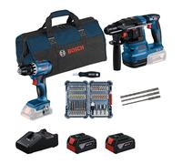 Kit bosch professional - taladro gsr 18v-45 + martillo gbh 18v-22. incluye 2 baterías gba 18v 4.0ah, set de 45 puntas para atornillar con atornillador, 3 brocas sds plus, cargador y bolsa.