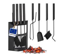 Relaxdays Kit de Chimenea, Accesorios de Limpieza, Recogedor, Cepillo, Atizador, Pinzas & Soporte, Acero & Madera, Negro
