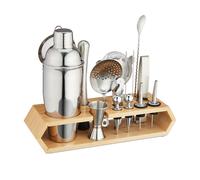 Relaxdays Kit Coctelería 16 Utensilios con Soporte, Coctelera, Medidor Cóctel, Acero y Bambú, Plateado/Madera Natural, 20 x 3,5 cm