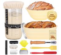 Kit completo de masa madre para principiantes, tarro de inicio de 1000 ml, 2 cestas de prueba de pan, termómetro, rastreador de tiempo de alimentación, rascador de metal, suministros para hornear pan