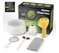 Kit completo para ceremonia del té japonés Matcha, incluye 7 piezas: batidor de matcha de resina amarilla, juego de látigos de matcha, caja de matcha para ceremonia del té (blanco mate, resina)