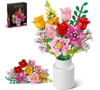 Kit Costruzione Bouquet di Fiori, 11 Collezione Botanica Flowers Artificiali Includere 5 Rose, Regalo Natale Festa Della Mamma San Valentino per Adulti Bambini Ragazze 6+, 765 PCS