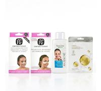 Kit Cuidado Facial Completo - 4 Productos Antiacné Antiedad: Bandas Puntos Negros, Parches Gel Contorno Ojos, Tónico Facial Calmante y Mascarilla Colágeno Reafirmante