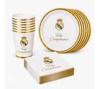 Kit Cumpleaños Real Madrid Oficial - Platos Vasos y Servilletas Desechables para 8 Personas | Decoración Fiesta Infantil Real Madrid, Menaje Cumpleaños Fútbol