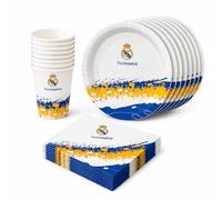 Kit Cumpleaños Real Madrid Oficial - Platos Vasos y Servilletas para 8 Personas | Decoración Fiesta Infantil Real Madrid, Menaje Cumpleaños Fútbol