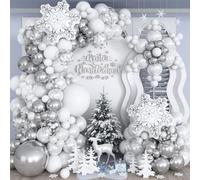 Kit de 116 guirnaldas de arco de globos de invierno del país de las maravillas, globos de látex plateados metálicos blancos con copos de nieve, globos de aluminio de helio para Navidad, Año Nuevo