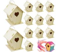 Kit de 12 casas de pájaros de madera sin pintar, casa de pájaros con forma de corazón y valla con gancho para colgar, casas pequeñas de 4 x 4.3 x 5.5 pulgadas, para adultos y niños, casas para pájaros