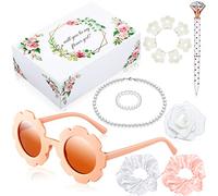 Kit de 16 piezas de caja de propuesta para niña de flores, regalos, gafas redondas, collar, pulsera de perlas, bolígrafo de diamantes, coleteros para el pelo, rosa Will You Be My Flower Girl para boda