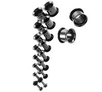 Kit de 18 Piezas/Paquete 14G-00G Surtido de Tapones para Los Oídos de Acero Inoxidable, Kit de Estiramiento de Oídos de Una Sola Pieza con Goma, Negro