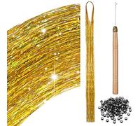 Kit de 200 Mechones de Pelo con Herramientas Kit de Extensiones de Cabello de Oropel Accesorios de Pelo Brillantes Extensiones de Pelo para Trenzar Oropel de Pelo Brillante para Mujer (Oro)