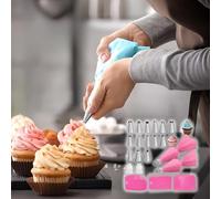 Kit de 21 herramientas para decoración de tartas - Incluye 2 mangas pasteleras de silicona reutilizables, 16 boquillas, 3 raspadores de tarta - Decoraciones de tartas DIY y herramientas para hornear