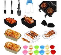 Kit de 24 Accesorios para Freidora de Aire Doble | Compatible con Ninja, Tefal, Philips y más | Moldes de Silicona, Rejilla de Acero Inoxidable, Pinzas, Moldes para Magdalenas, Guantes y Utensilios de