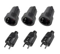 Kit de 3 Enchufes Schuko 250V IP44 - Clavija Enchufe Macho y Hembra con Alivio de Tensión para Interior y Exterior, 16A | 2 polos | Carcasa de Goma (Negro)