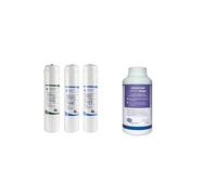 Kit de 3 Filtros Inline 12" para Equipos de Osmosis Inversa Compactas + Higienizador. Pack compuesto por 1 Filtro de Sedimentos, 1 de Carbón Activado y 1 Carbón Block. Bbagua.