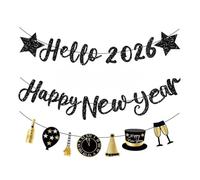 Kit de 3 piezas de decoración de Feliz Año Nuevo 2026, pancarta de Feliz Año Nuevo con purpurina, pancarta de estrella Hello 2026, banderines de champán negro y dorado, globos para fiestas, hogar, Año