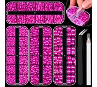 Kit de 4 cajas de perlas planas, 11 perlas semicirculares de color rojo rosa de 3 a 10 mm, con l piz y pinzas para manualidades caseras, manicura
