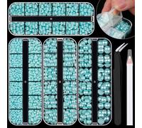 Kit de 4 cajas de perlas planas, 7 perlas semicirculares de color azul claro de 3-10 mm, con l piz y pinzas para manualidades caseras, manicura p