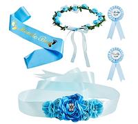 Kit de 5 Fajas de Maternidad de Baby Shower Faja de Mom To Be y Alfiler Ramillete de Daddy To Be Corona de Flores Fajín de Embarazo Tocado de Corona de Rosas para Baby Shower Padres (Azul)