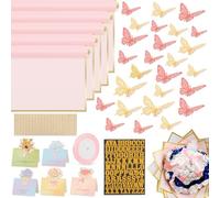 Kit de 52 accesorios de papel de regalo para ramo de flores, 20 hojas de papel de regalo floral impermeable rosa, 12 mariposas doradas, 12 mariposas rosas, 5 tarjetas, 1 cinta rosa, 1 letra 1
