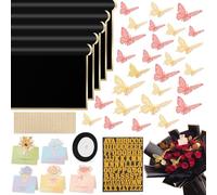 Kit de 52 accesorios de papel de regalo para ramo de flores, 20 hojas de papel de regalo floral impermeable negro, 12 mariposas doradas, 12 mariposas rosas, 5 tarjetas, 1 cinta negra, 1 letra 1