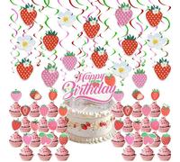 Kit de 57 decoraciones de cumpleaños de fresa, remolinos colgantes para decoración de techo, decoración de fiesta con adornos para cupcakes, decoración de primer cumpleaños de bayas (fresa)