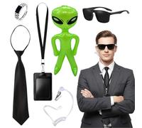 Kit de 6 piezas de accesorios de disfraz para hombre de negro, disfraz de servicio secreto/espía con corbata, gafas de sol, auriculares falsos, anillo, alienígena inflable, soporte para tarjeta de