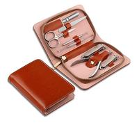 Kit de 8 piezas acero inoxidable for el cuidado las uñas y pedicura, con estuche viaje cuero, set personal(Bruin)