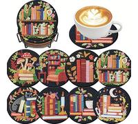 Kit de 8 posavasos de arte de diamantes, estantería para libros, mini posavasos de pintura de diamantes 5D con soporte, kits de arte de diamantes pequeños para adultos, posavasos de arte de gemas y