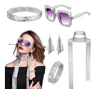 Kit de accesorios temáticos de la década de 1970 - Colección de joyas Disco Era que incluye bufanda brillante, pendientes atrevidos, gafas de sol retro | Conjunto completo de