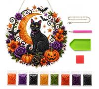 Kit de adornos colgantes de diamantes de imitación de doble cara con diseño de luna y gato negro de Halloween, atrapasueños con diamantes de imitación facetados, colgante colgante para decoración de