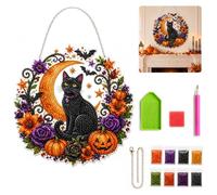 Kit de adornos colgantes de diamantes de imitación de luna y gato negro de Halloween, atrapasueños de doble cara con diamantes de imitación facetados, colgante colgante para decoración de ventana de