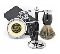 Kit de afeitado clásico de doble filo con brocha de afeitar de tejón, tazón de jabón y soporte para maquinillas de afeitar - Kit de afeitar para hombres