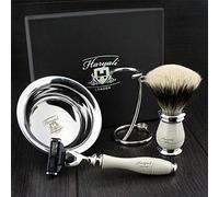 Kit de afeitado de 4 piezas de color marfil para hombre con 3 filos, cepillo de pelo de tejón con punta de astilla y soporte doble para maquinilla de afeitar y cepillo y tazón de acero inoxidable