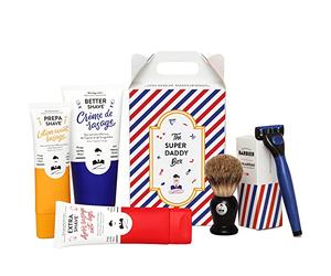 Kit de afeitado de Monsieur Barbi | francés, natural y vegano | Antes de afeitar, crema de afeitado, después de afeitar, rallar y afeitar, 5 cuchillas | Caja de regalo para hombres y pieles sensibles