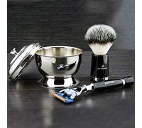 Kit de afeitado Jag - Navaja de afeitar de cartucho negro de 5 filos - Brocha de afeitar sintética con punta de afeitar plateada - Recipiente de afeitar de acero inoxidable con tapa