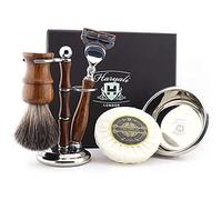 Kit de afeitado - Kit de afeitado de madera de 5 piezas - Cuchilla de afeitar de 5 bordes - Brocha de afeitar Super Badger Hair - Jabón de afeitar - Cuenco de afeitar - Soporte