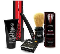 Kit de afeitado manual profesional de barbero para hombre | Brocha Omega de pelo de jabalí 10049 en color negro | Jabón Proraso para barba con aceite de eucalipto (75 ml) - 5 cuchillas de afeitar Astra de calidad superior + 5 cuchillas Derby Extra
