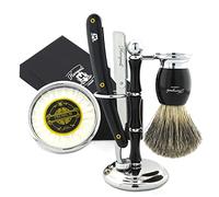 Kit de afeitado para hombre, 5 unidades, corte garganta, cepillo de pelo de tejón negro, tazón, soporte, jabón perfecto para hombres