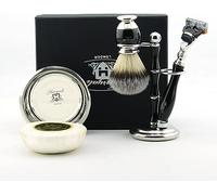 Kit de afeitado para hombre con maquinilla de afeitar de seguridad de doble filo, cepillo de pelo de tejón sintético Silvertip, soporte doble para maquinilla de afeitar y cepillo, cuenco, jabón de