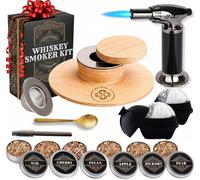 Kit de ahumador de cóctel - Ahumador de bebidas de whisky y bourbon con antorcha, parte superior personalizada, 2 máquinas de bolas de hielo, chips de madera de 4 sabores - Fumadores para bebidas de