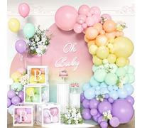 Kit de arco de globos arcoíris pastel de 144 piezas con 4 cajas de bebé, globos rosa macarrón, morado, azul, amarillo para cumpleaños de unicornio, tema de helado, decoraciones de baby shower para