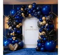Kit de arco de globos azul marino, negro y dorado, guirnalda de globos de doble relleno azul real oscuro negro mate con oro metálico para graduación 2026, cumpleaños, aniversario, boda, decoración de