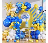 Kit de arco de globos azul real y amarillo, 129 guirnaldas de látex blanco oscuro y dorado metálico con estrella de aluminio 4D para baby shower, aniversario, cumpleaños, decoración de fiesta de boda