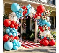 Kit de arco de globos azul, rojo y blanco, doble relleno de diferentes tamaños, azul claro, rojo, crema, blanco, beige, globos de látex para cumpleaños patriótico, baby shower, 4 de julio, decoración