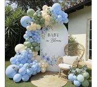 Kit de arco de globos Baby in Bloom, guirnalda de globos verde salvia pastel y azul arena blanca con hojas artificiales para baby shower, feliz Pascua, primavera, fiesta de té, decoración de primer