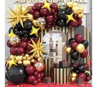 Kit de arco de globos de color negro y burdeos, guirnalda de arco de globos dorados y negros granate, 98 globos dorados metálicos negros y rojos con estrellas para cumpleaños, jubilación, graduación